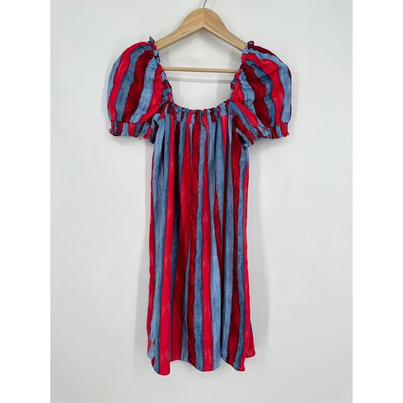 Tuckernuck Pomander Place Mini Dress Linen Blend Puff Sleeve Painterly Striped - Picture 5 of 14